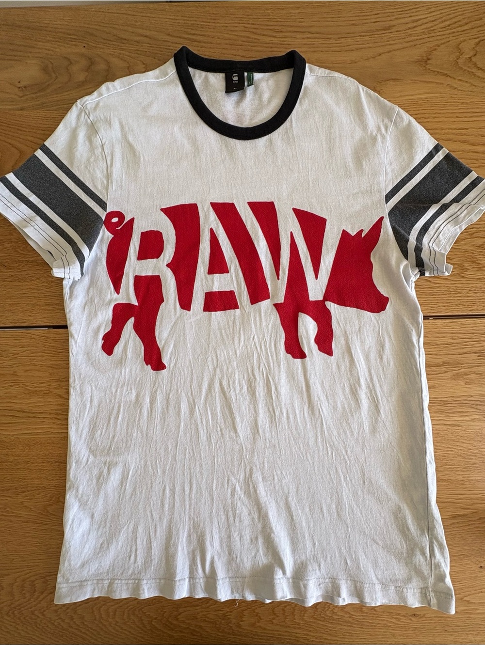 G-Star RAW T Shirt Mens XL White Ringer Red Boar Pig Graphic Kanji Back Print